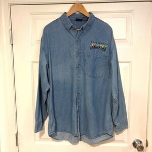 Mens XL Cotton Denim VTG Burlington Recreation & Parks Button Up Shirt Long Slee
